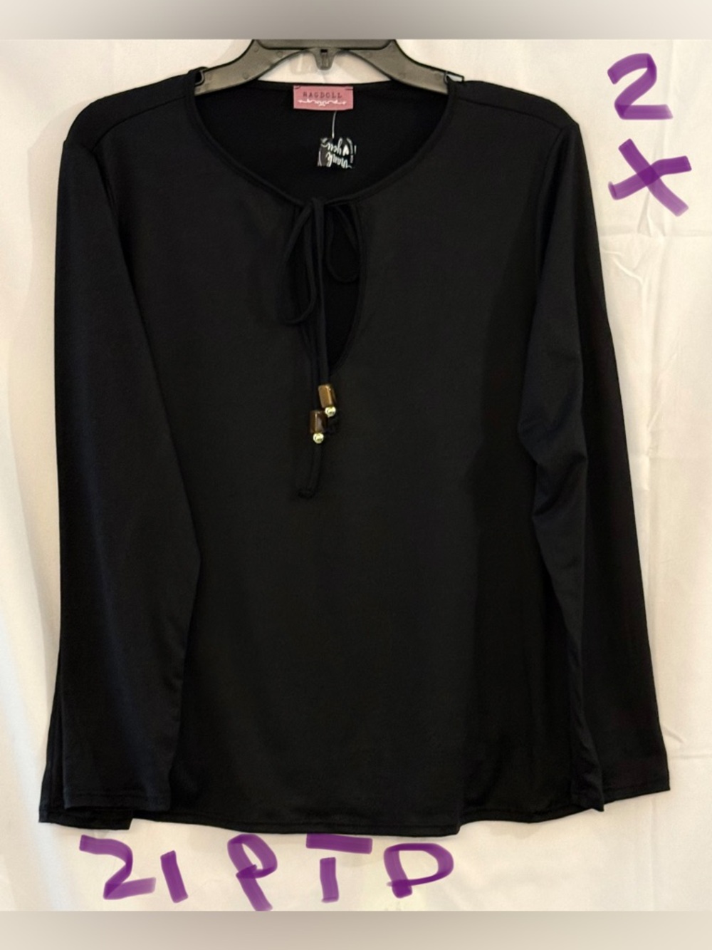 Ragdoll Black Long-Sleeve Tie-Neck Top with Gold Bead Accents